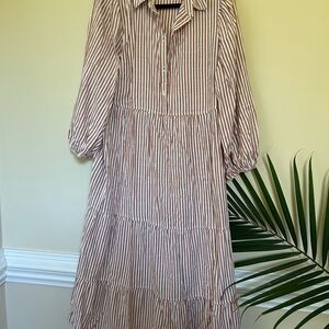 Max Studio Striped Long Sleeve Dress in Cream and pinkish red